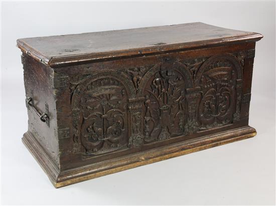 A 16th century French Renaissance walnut coffer, W.4ft 5in.